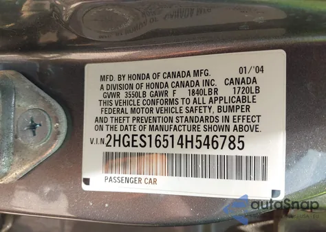 2004 Honda Civic Lx z USA, uszkodzony, nr VIN 2HGES16514H546785